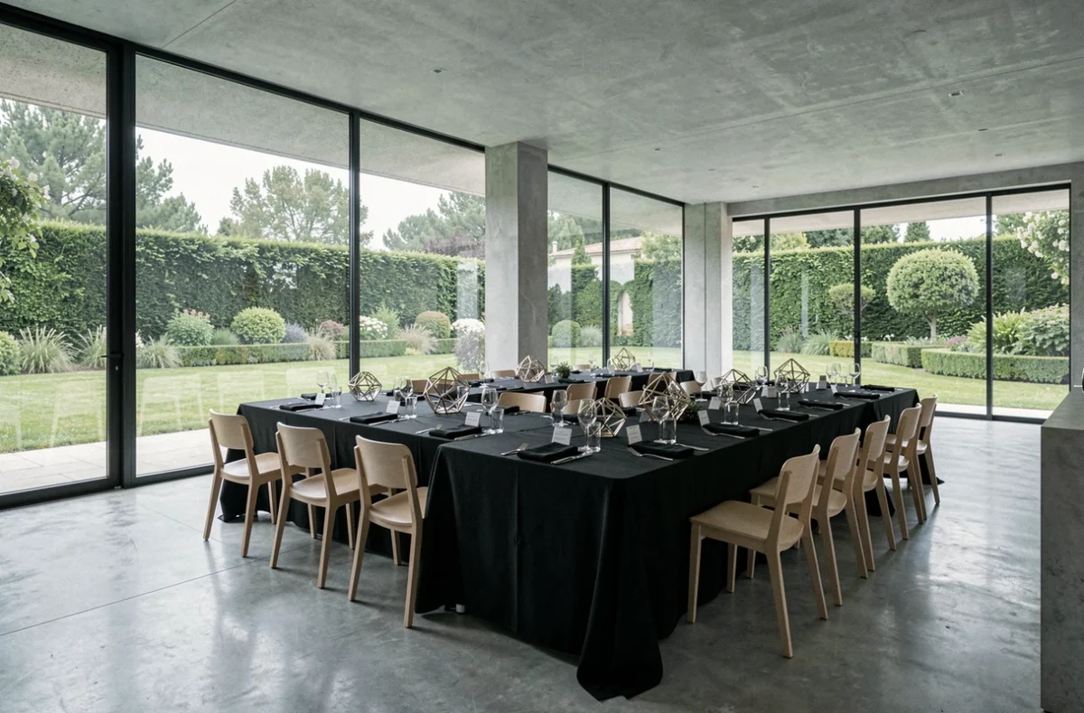 L'Evento, espace de réception contemporain avec baies vitrées et décoration minimaliste pour événements professionnels et privés