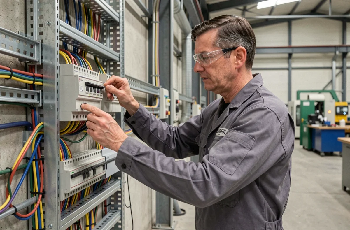 Technicien industriel réalisant le câblage et le montage d'un tableau électrique dans une usine