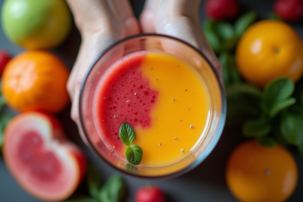 Mains mélangeant fruits et légumes avant le jus avec couleurs peu appétissantes