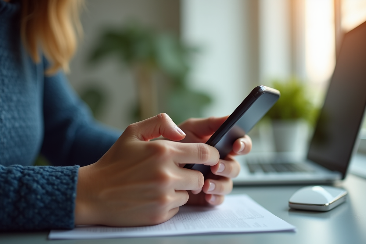 Mains utilisant un smartphone pour vérifier des emails académiques