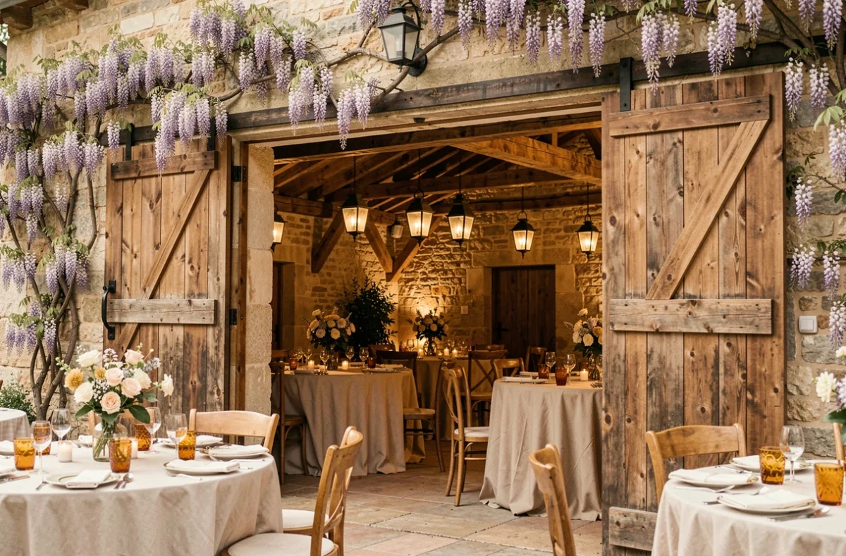 Maison Ferroni et son cadre de mas provençal avec salle de réception rustique aux poutres apparentes et décoration florale