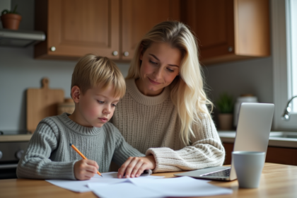 Maman et fille remplissant des papiers dans la cuisine