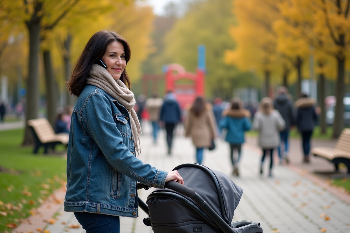 Maman dans un parc parlant au téléphone avec poussette
