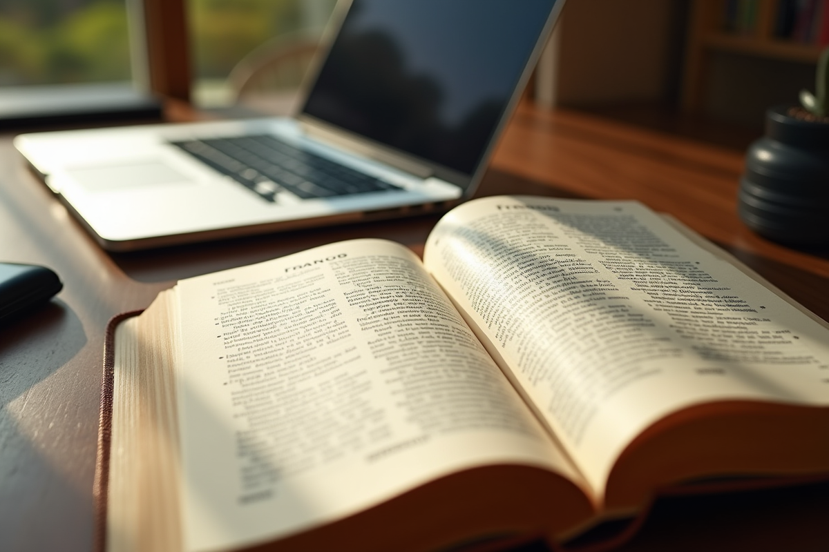 Livre de français ouvert et ordinateur portable sur un bureau en matinée