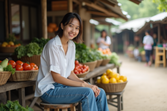 Jeune femme souriante au marché en Asie du Sud-Est