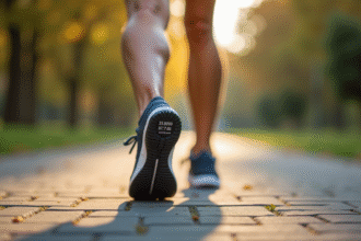 Les pieds d'une personne marchant avec un tracker affichant 30000 pas