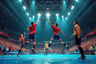 Match de handball intense avec joueurs sautant et arbitre chronomètre