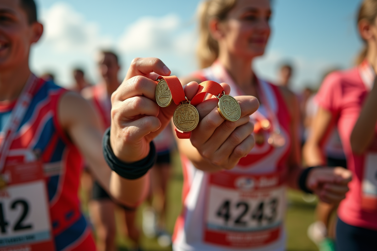 Mains tenant des médailles de finisher avec bracelets et dossards