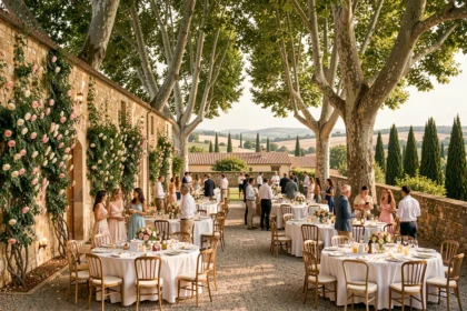 Vue panoramique d'une salle de réception élégante dans les Bouches-du-Rhône avec décor provençal et tables dressées en plein air