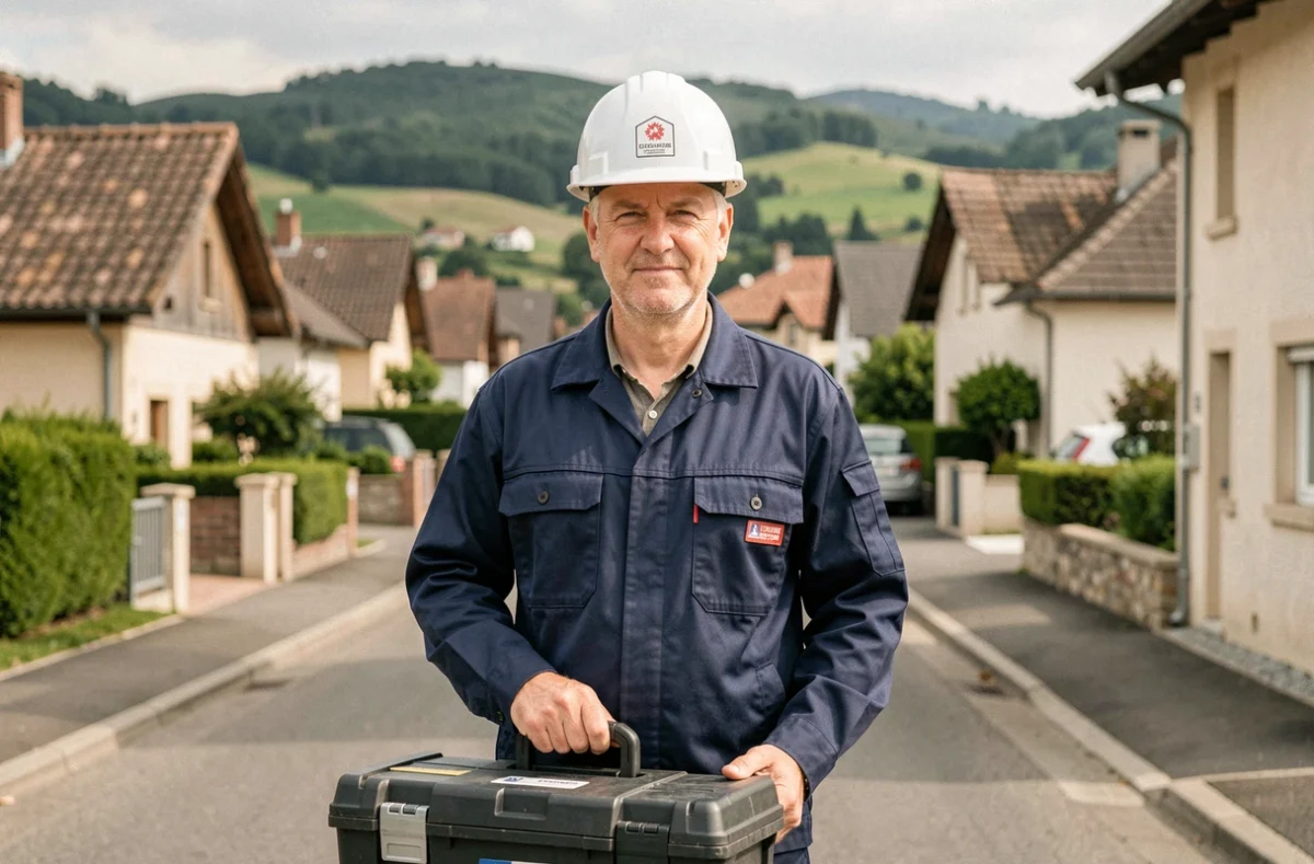 Électricien professionnel en tenue de travail dans un quartier résidentiel de l'Isère, illustrant le thème des meilleurs électriciens locaux