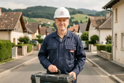 Électricien professionnel en tenue de travail dans un quartier résidentiel de l'Isère, illustrant le thème des meilleurs électriciens locaux