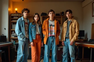Membres du groupe Hyphen Hyphen réunis dans un studio de répétition entouré d'instruments et de matériel musical