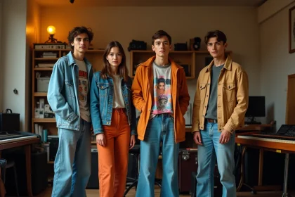 Membres du groupe Hyphen Hyphen réunis dans un studio de répétition entouré d'instruments et de matériel musical