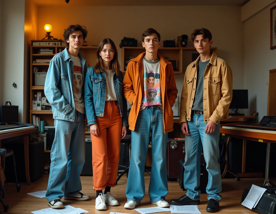 Membres du groupe Hyphen Hyphen réunis dans un studio de répétition entouré d'instruments et de matériel musical