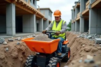 Mini dumper compact orange utilisé sur un chantier résidentiel par un ouvrier en gilet haute visibilité, illustrant l'usage professionnel de location ou d'achat de matériel BTP