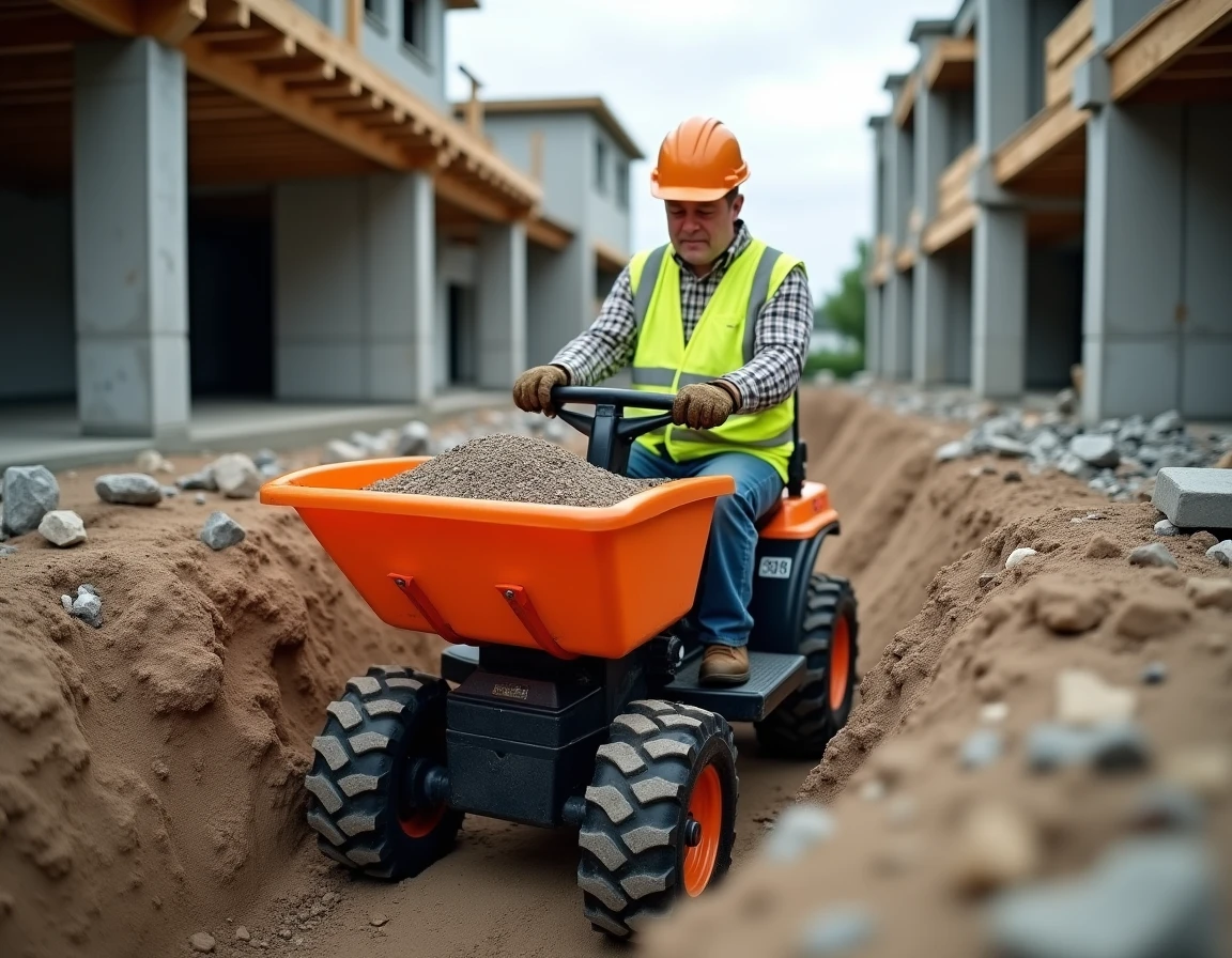 Mini dumper compact orange utilisé sur un chantier résidentiel par un ouvrier en gilet haute visibilité, illustrant l'usage professionnel de location ou d'achat de matériel BTP