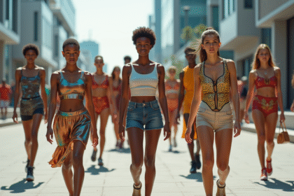 Groupe de jeunes en mode futuriste écologique dans la ville