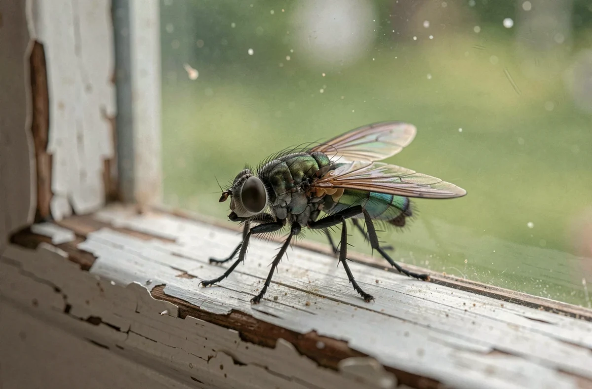 Mouche domestique posée sur un rebord de fenêtre en bois ancien, vue en macro avec détails des ailes irisées et yeux à facettes