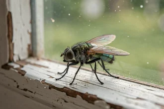 Mouche domestique posée sur un rebord de fenêtre en bois ancien, vue en macro avec détails des ailes irisées et yeux à facettes