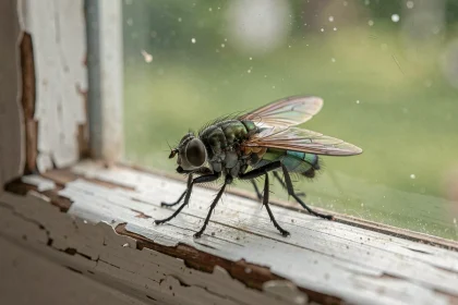 Mouche domestique posée sur un rebord de fenêtre en bois ancien, vue en macro avec détails des ailes irisées et yeux à facettes