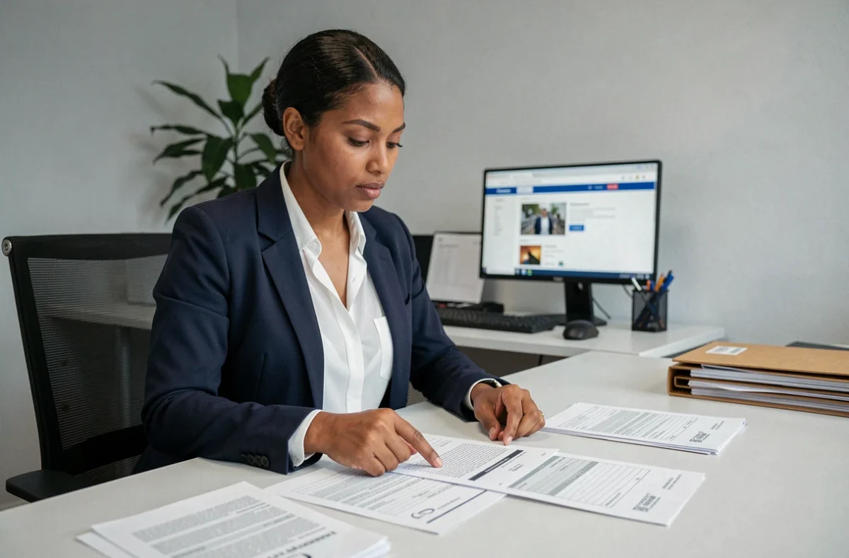 Femme consultant des documents de naturalisation dans un bureau administratif français