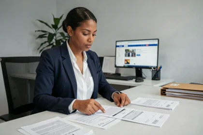 Femme consultant des documents de naturalisation dans un bureau administratif français