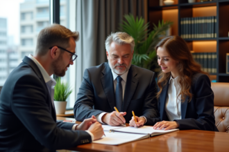 Notaire en costume examinant des documents avec un couple dans un bureau moderne