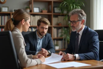 Notaire en costume examinant des documents avec un couple
