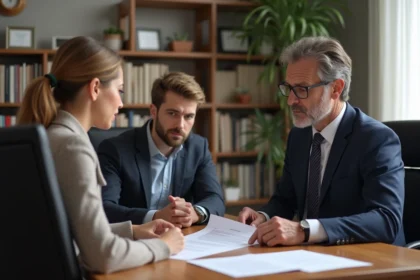 Notaire en costume examinant des documents avec un couple