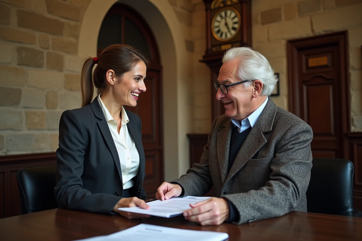 Notaire femme remettant des documents à un homme âgé