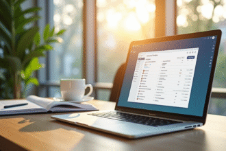 Ordinateur portable sur un bureau lumineux dans un bureau moderne