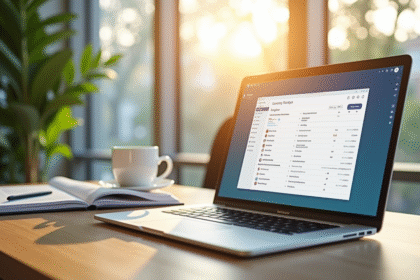 Ordinateur portable sur un bureau lumineux dans un bureau moderne
