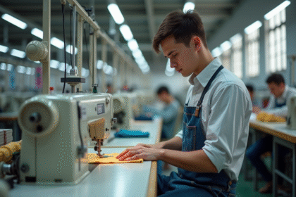 Jeune ouvrier textile utilisant une machine à coudre industrielle