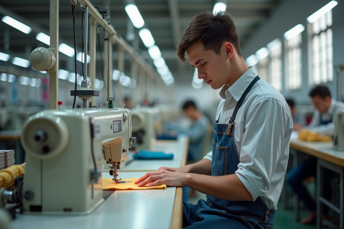 Jeune ouvrier textile utilisant une machine à coudre industrielle
