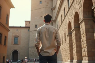 Touriste admirant le Palazzo Vecchio de Florence, lieu emblématique d'Ezio Auditore dans Assassin's Creed