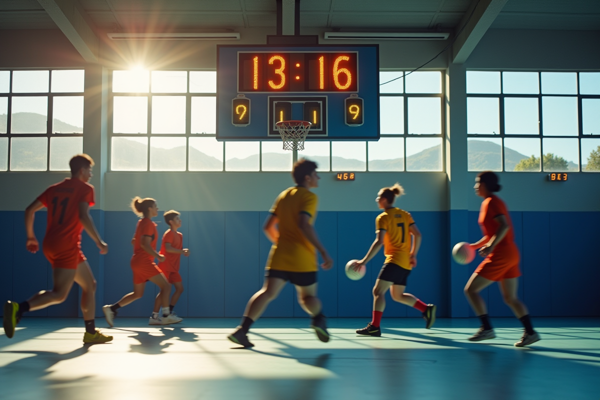 Zoom sur le tableau de score avec joueurs flous en mouvement
