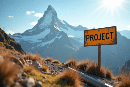 Panneau de chantier usé au pied de Mont Blanc avec matériaux en construction