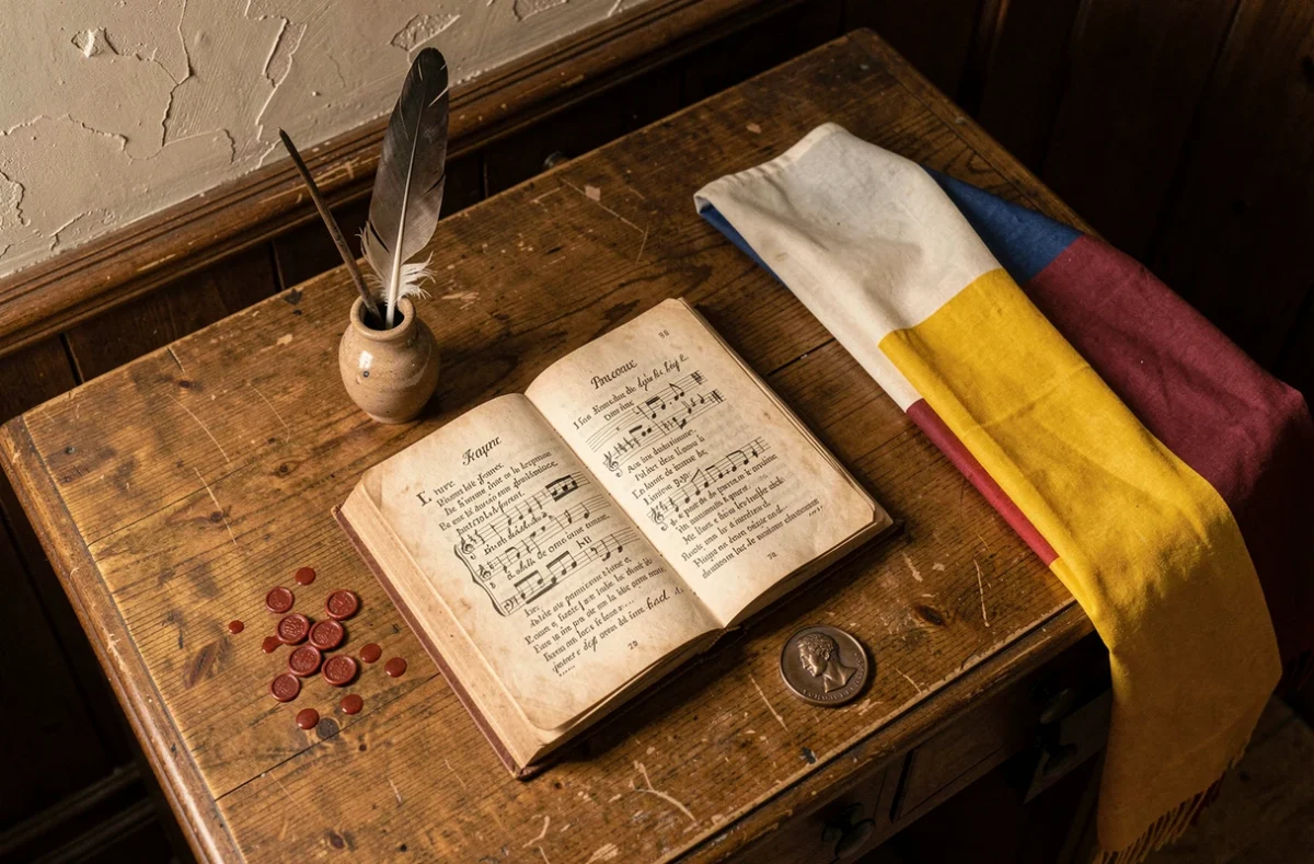 Nature morte historique avec partition manuscrite de La Marseillaise, plume d'époque et drapeau tricolore sur un bureau ancien