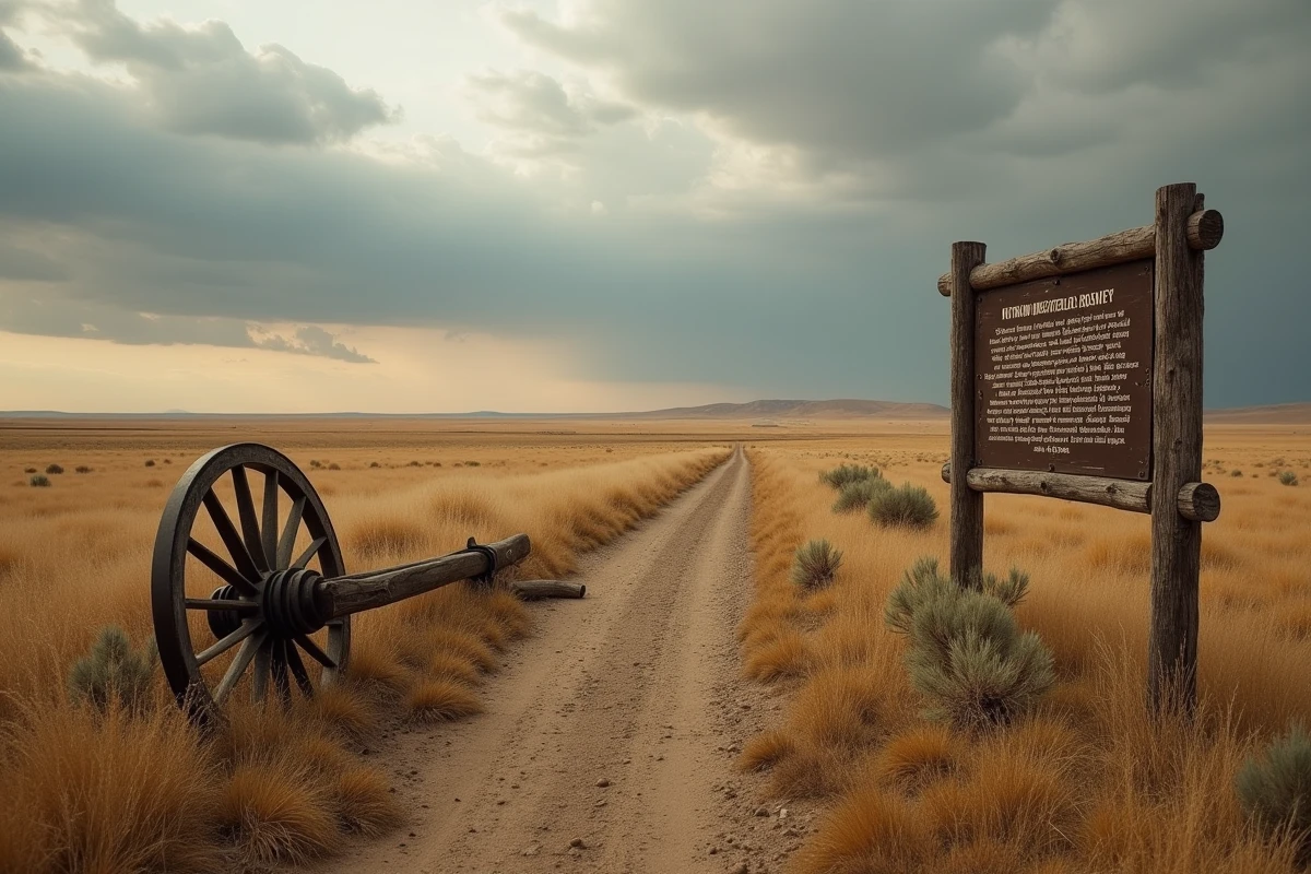 Paysage de la Grande Prairie américaine avec roue de chariot ancienne et panneau historique sur la conquête de l'Ouest et la destinée manifeste