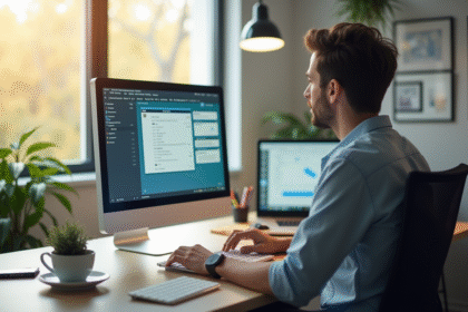 Personne travaillant sur un bureau lumineux et moderne