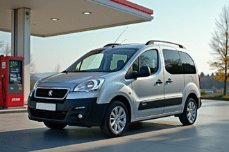 Voiture Peugeot Partner silver à la station essence en plein jour