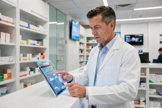 Pharmacien en blouse blanche utilisant une tablette numérique dans une pharmacie moderne en 2026