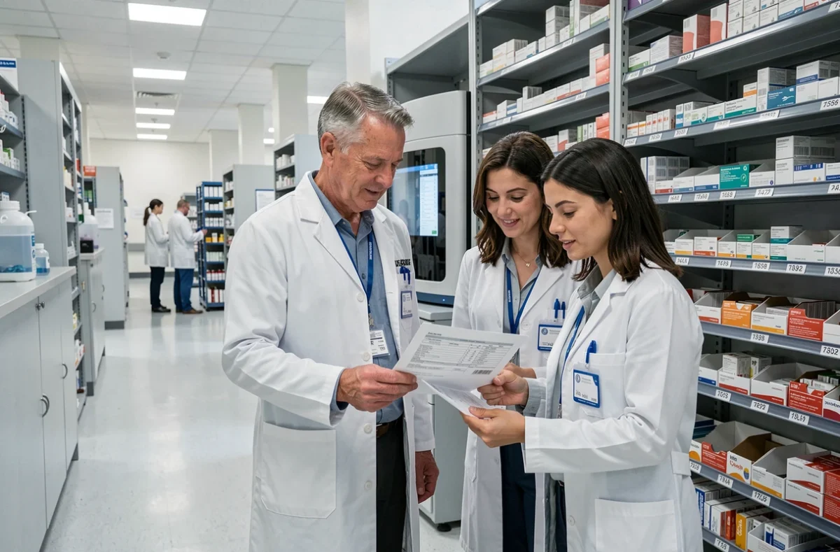 Deux pharmaciens hospitaliers collaborant devant une machine de distribution automatisée de médicaments