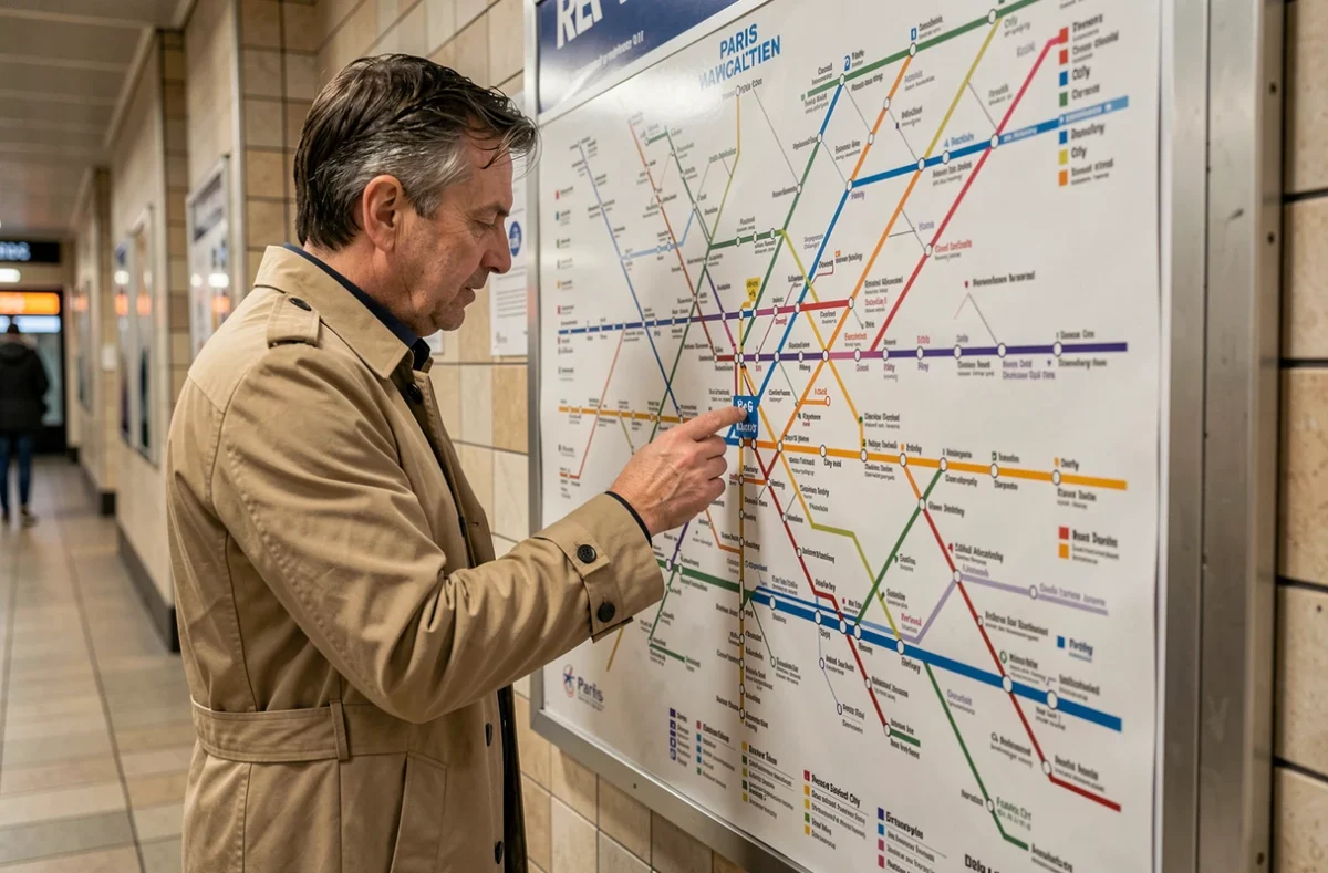 Voyageur consultant le plan complet du métro parisien avec RER affiché en station