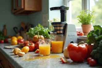 Plan de comptoir de cuisine encombré avec fruits sales et un presse-agrumes