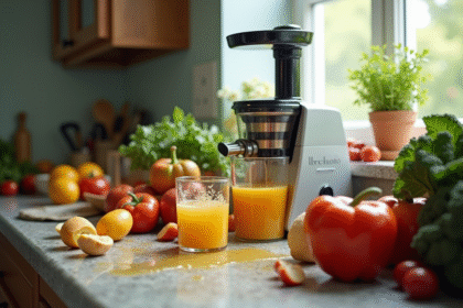 Plan de comptoir de cuisine encombré avec fruits sales et un presse-agrumes