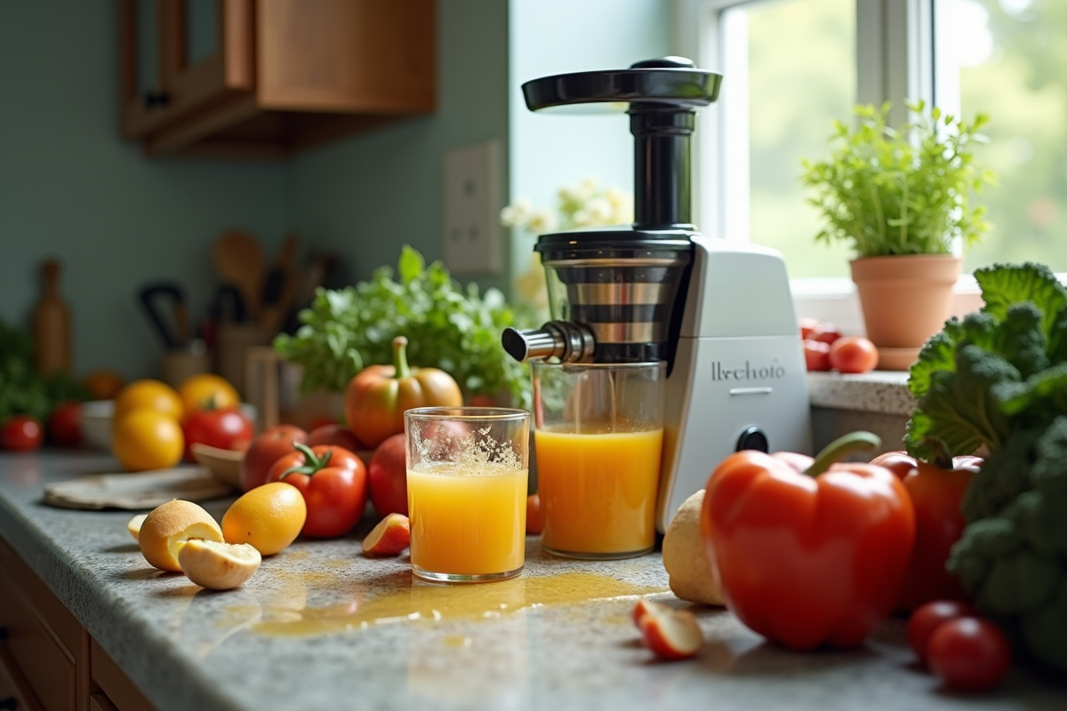 Plan de comptoir de cuisine encombré avec fruits sales et un presse-agrumes