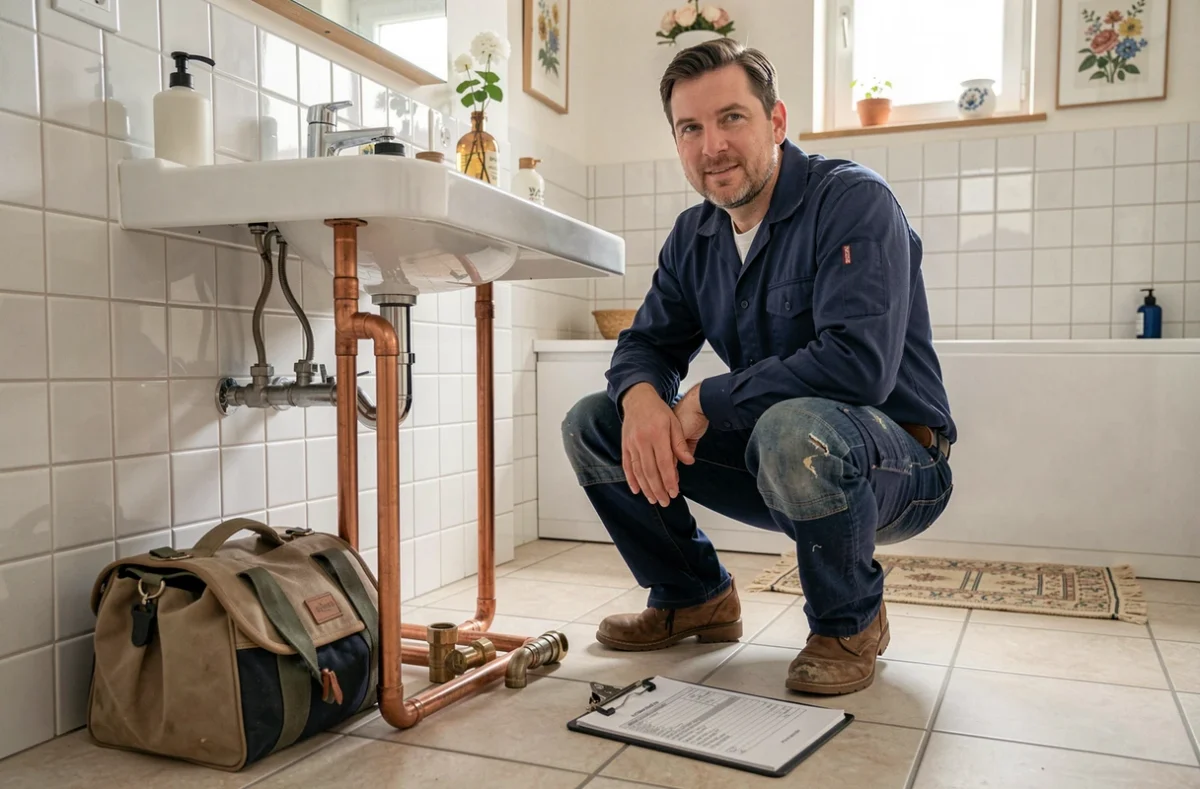Plombier professionnel au travail dans une salle de bain bretonne, illustrant le top 10 des plombiers à Quimper