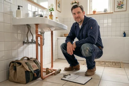 Plombier professionnel au travail dans une salle de bain bretonne, illustrant le top 10 des plombiers à Quimper