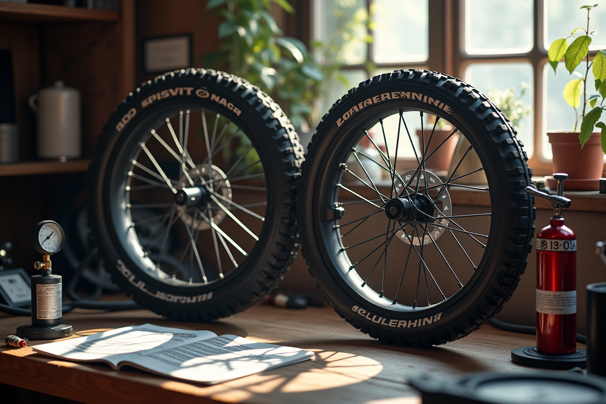 Deux pneus de vélo sur un établi avec outils et manuels
